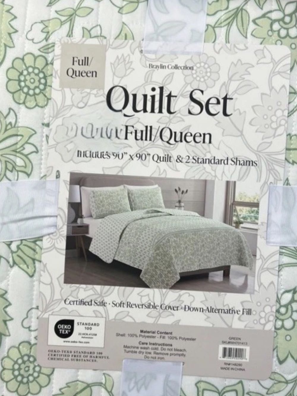 Braylin Collection Green and White Full/Queen Floral Quilt Set 90”x90”